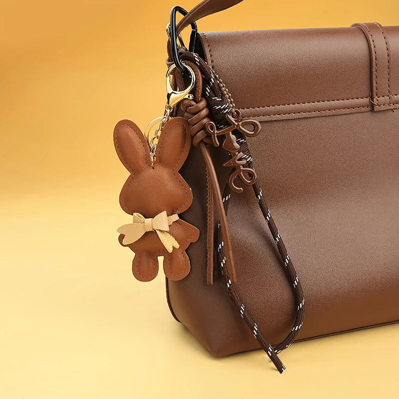 Adorable PU Leather Rabbit with Tiny Bow Bag Charm Keyring Cut Animal Pendant for Handbags & Backpak Design Hanging