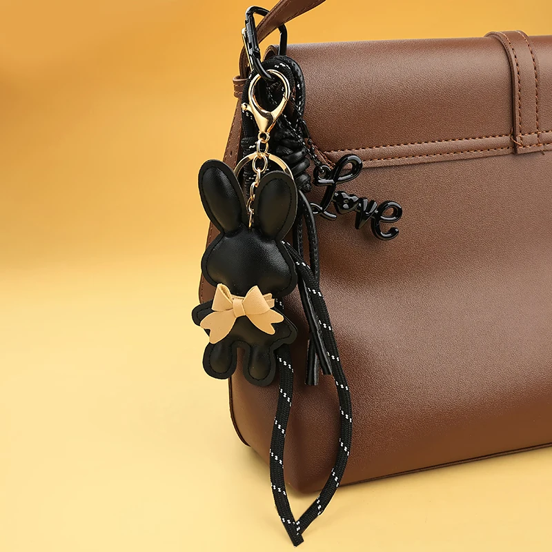 Adorable PU Leather Rabbit with Tiny Bow Bag Charm Keyring Cut Animal Pendant for Handbags & Backpak Design Hanging