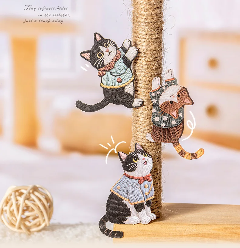 JIANWU Fuzzy Embroidery Cuties Series Kawaii Cat Dog Pet Landscape Material Collage Sticker Creative DIY Journal Stationery