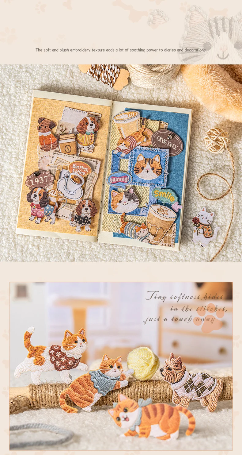 JIANWU Fuzzy Embroidery Cuties Series Kawaii Cat Dog Pet Landscape Material Collage Sticker Creative DIY Journal Stationery