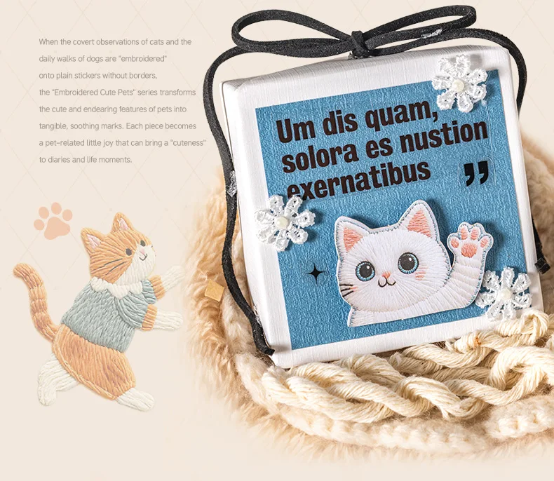 JIANWU Fuzzy Embroidery Cuties Series Kawaii Cat Dog Pet Landscape Material Collage Sticker Creative DIY Journal Stationery