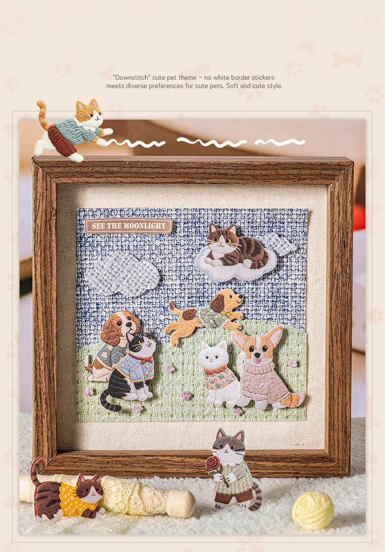JIANWU Fuzzy Embroidery Cuties Series Kawaii Cat Dog Pet Landscape Material Collage Sticker Creative DIY Journal Stationery