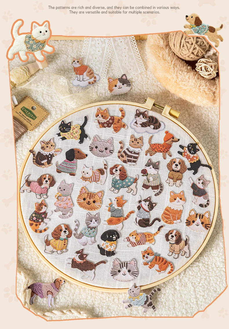 JIANWU Fuzzy Embroidery Cuties Series Kawaii Cat Dog Pet Landscape Material Collage Sticker Creative DIY Journal Stationery