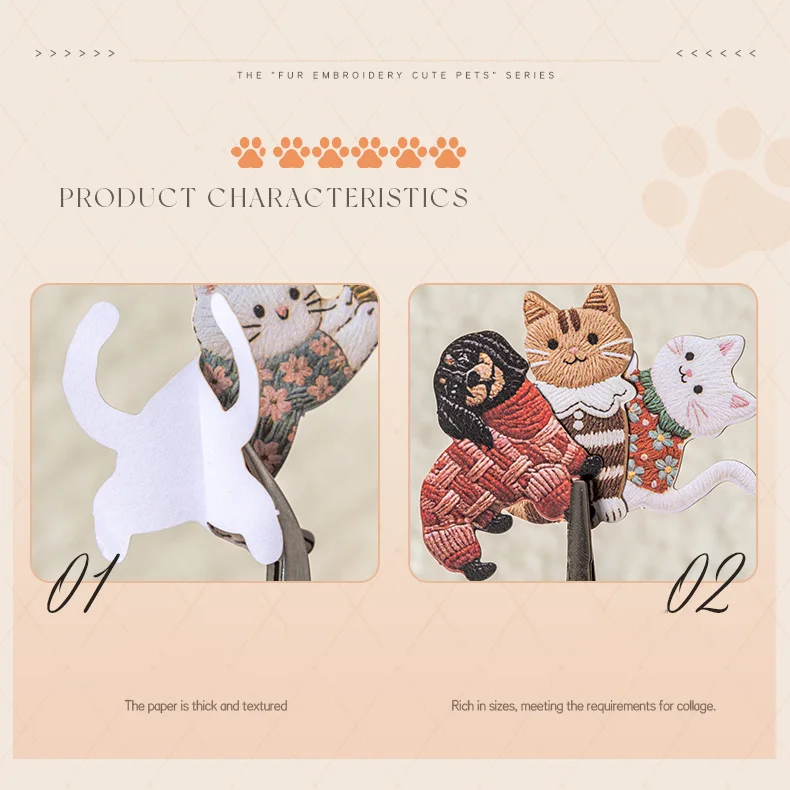 JIANWU Fuzzy Embroidery Cuties Series Kawaii Cat Dog Pet Landscape Material Collage Sticker Creative DIY Journal Stationery