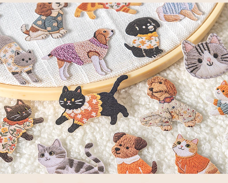 JIANWU Fuzzy Embroidery Cuties Series Kawaii Cat Dog Pet Landscape Material Collage Sticker Creative DIY Journal Stationery