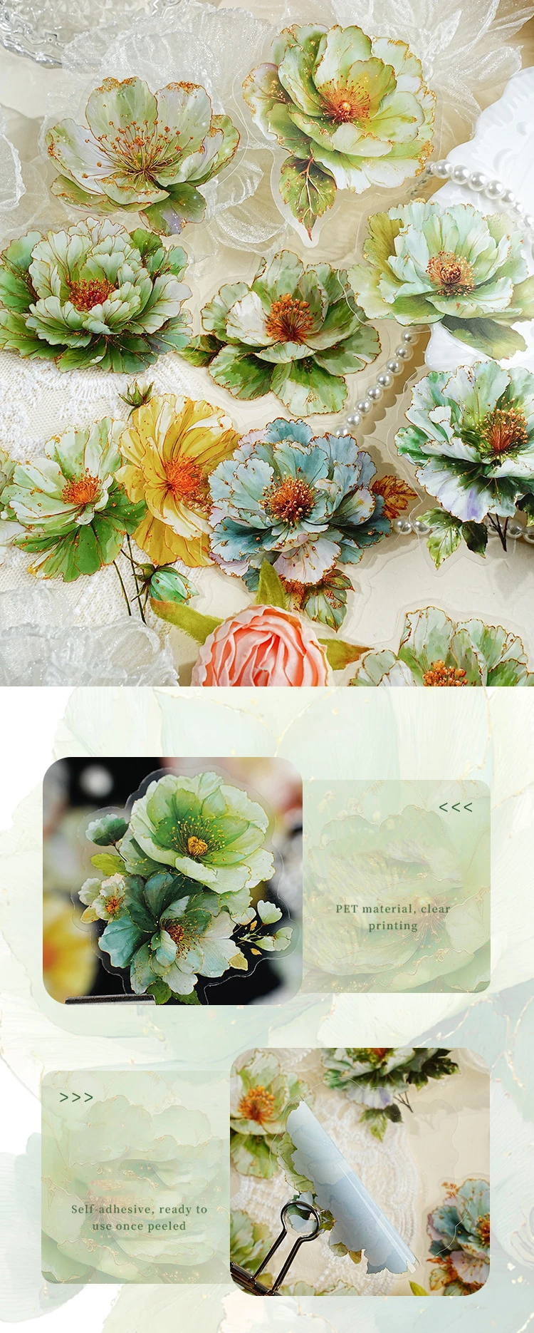 JIANWU Gilded Flower Language Series Vintage Floral Landscape Material Collage PET Sticker Creative DIY Journal Stationery