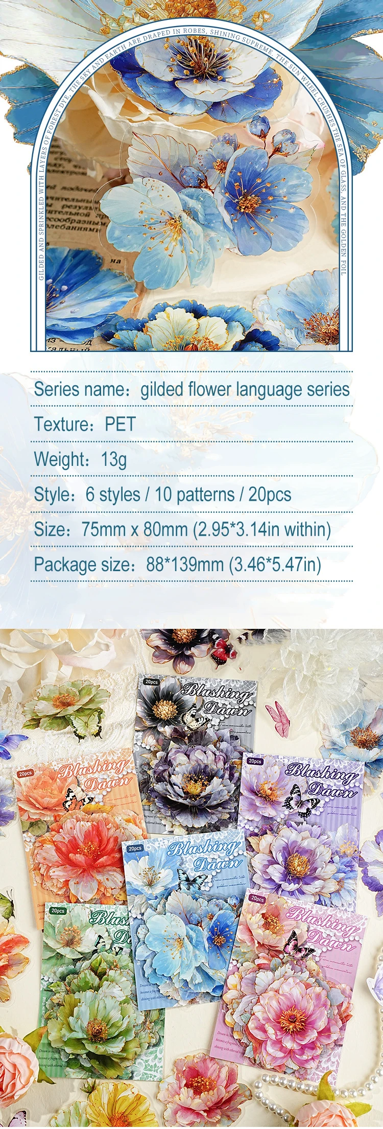 JIANWU Gilded Flower Language Series Vintage Floral Landscape Material Collage PET Sticker Creative DIY Journal Stationery