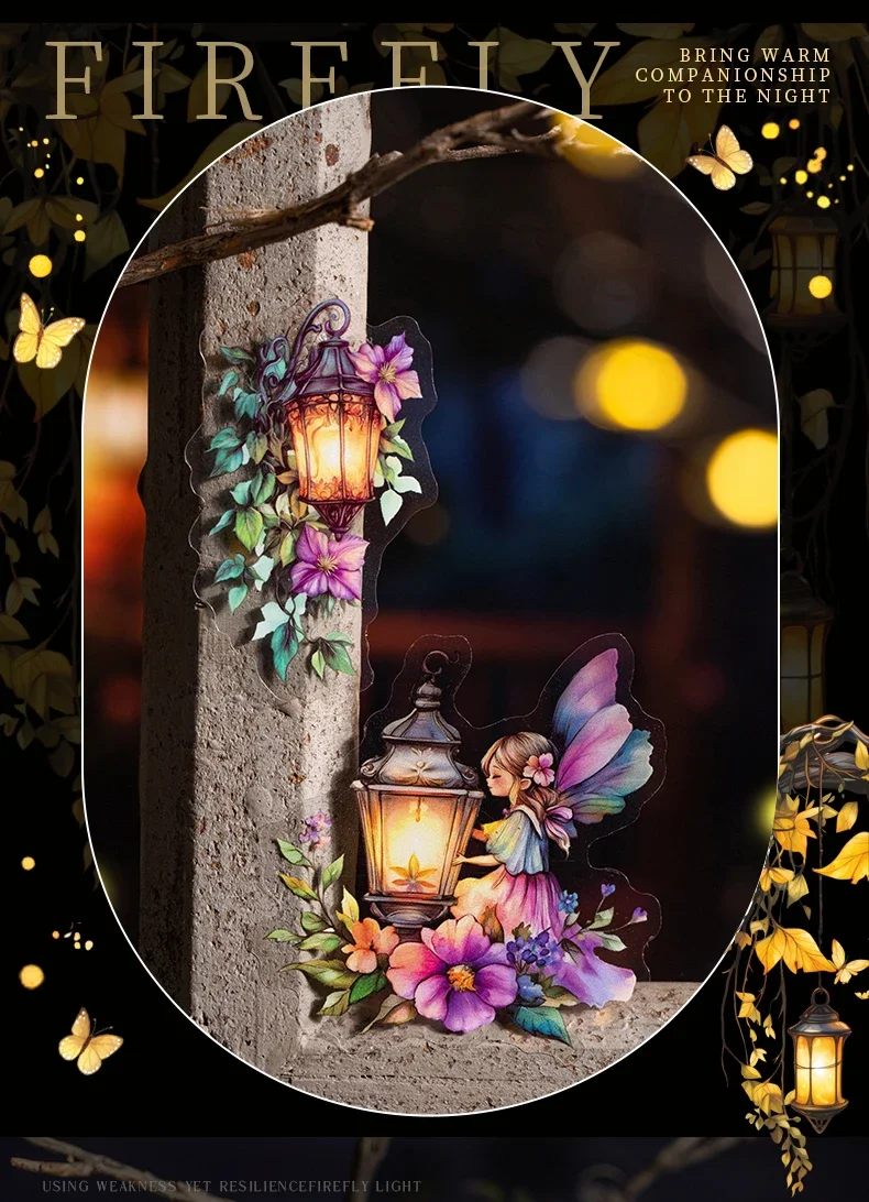 JIANWU Firefly Lamp Series Vintage Flower Light Landscape Material Collage PET Sticker Creative DIY Journal Scrapbook Stationery