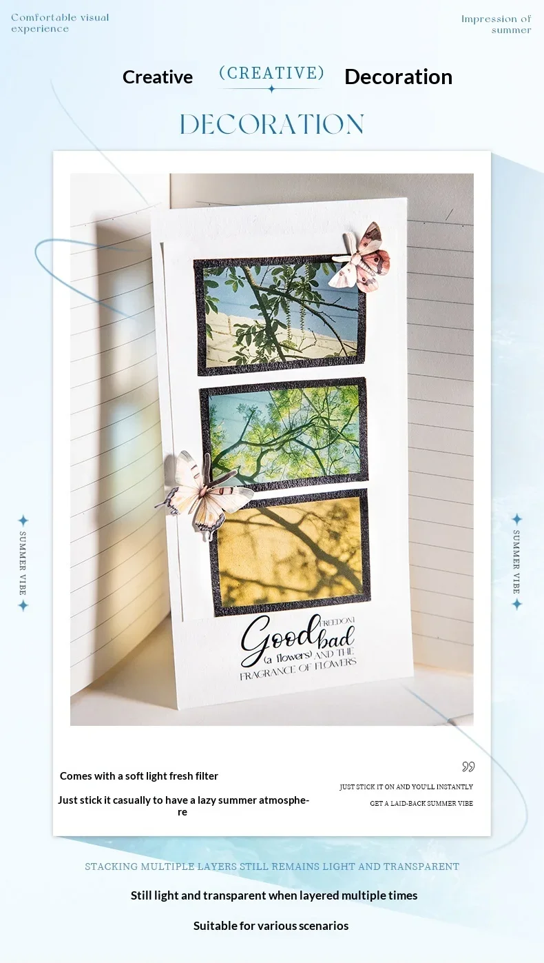 JIANWU Summer Vibe Series Vintage Rain Sea Flower Shadow Landscape Material Collage PET Sticker Creative DIY Journal Stationery