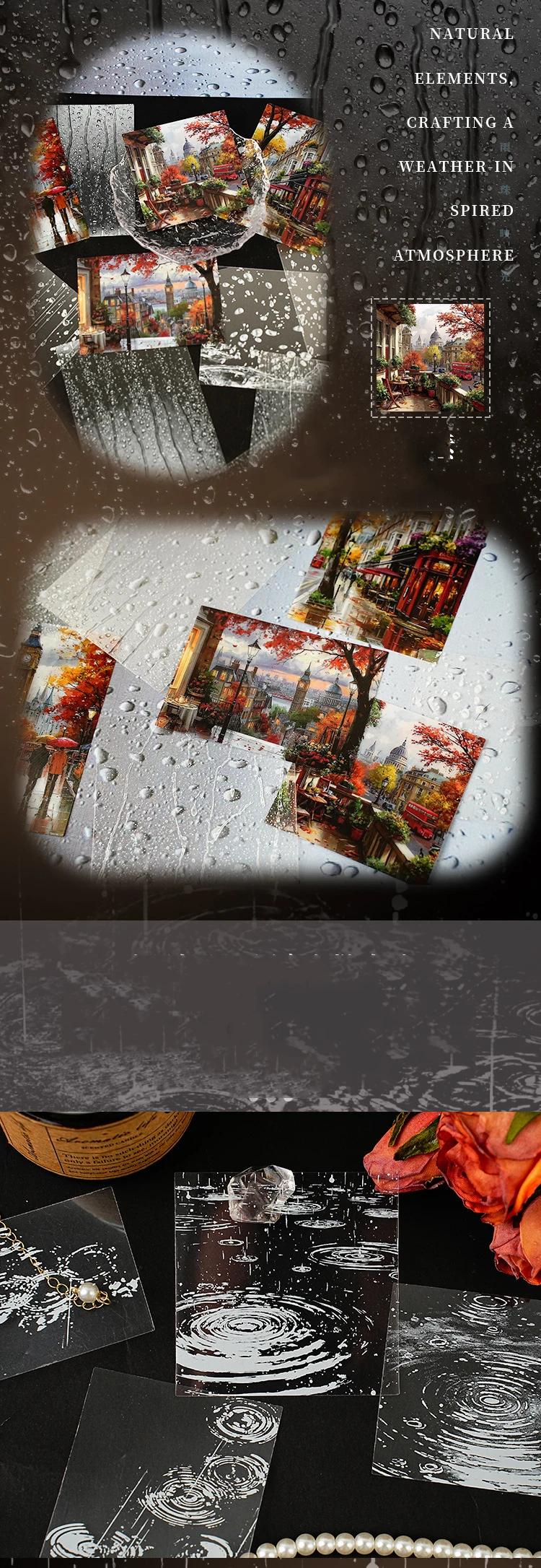 JIANWU Moment of Light Series Vintage Rain Snow Street Landscape Material Collage PET Sticker Creative DIY Journal Stationery