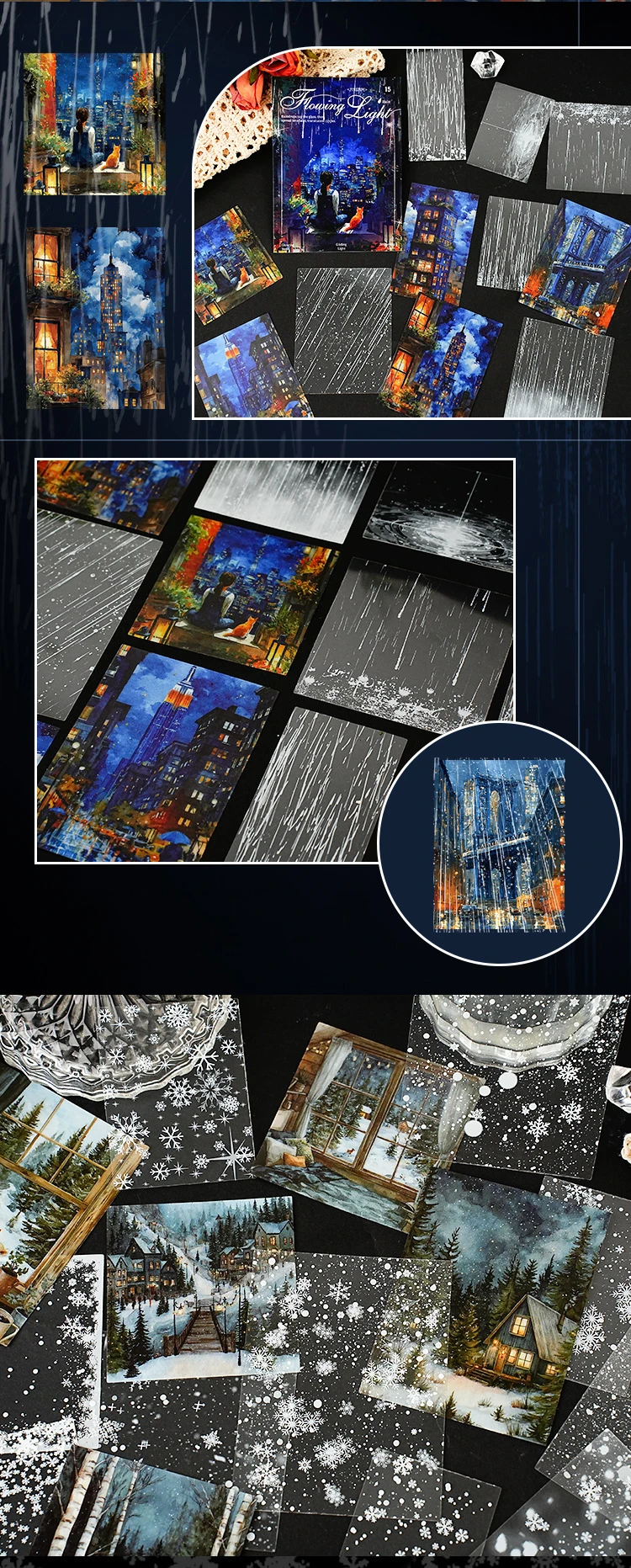 JIANWU Moment of Light Series Vintage Rain Snow Street Landscape Material Collage PET Sticker Creative DIY Journal Stationery