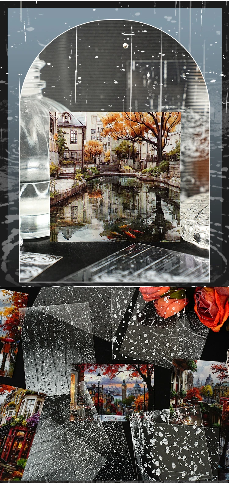 JIANWU Moment of Light Series Vintage Rain Snow Street Landscape Material Collage PET Sticker Creative DIY Journal Stationery