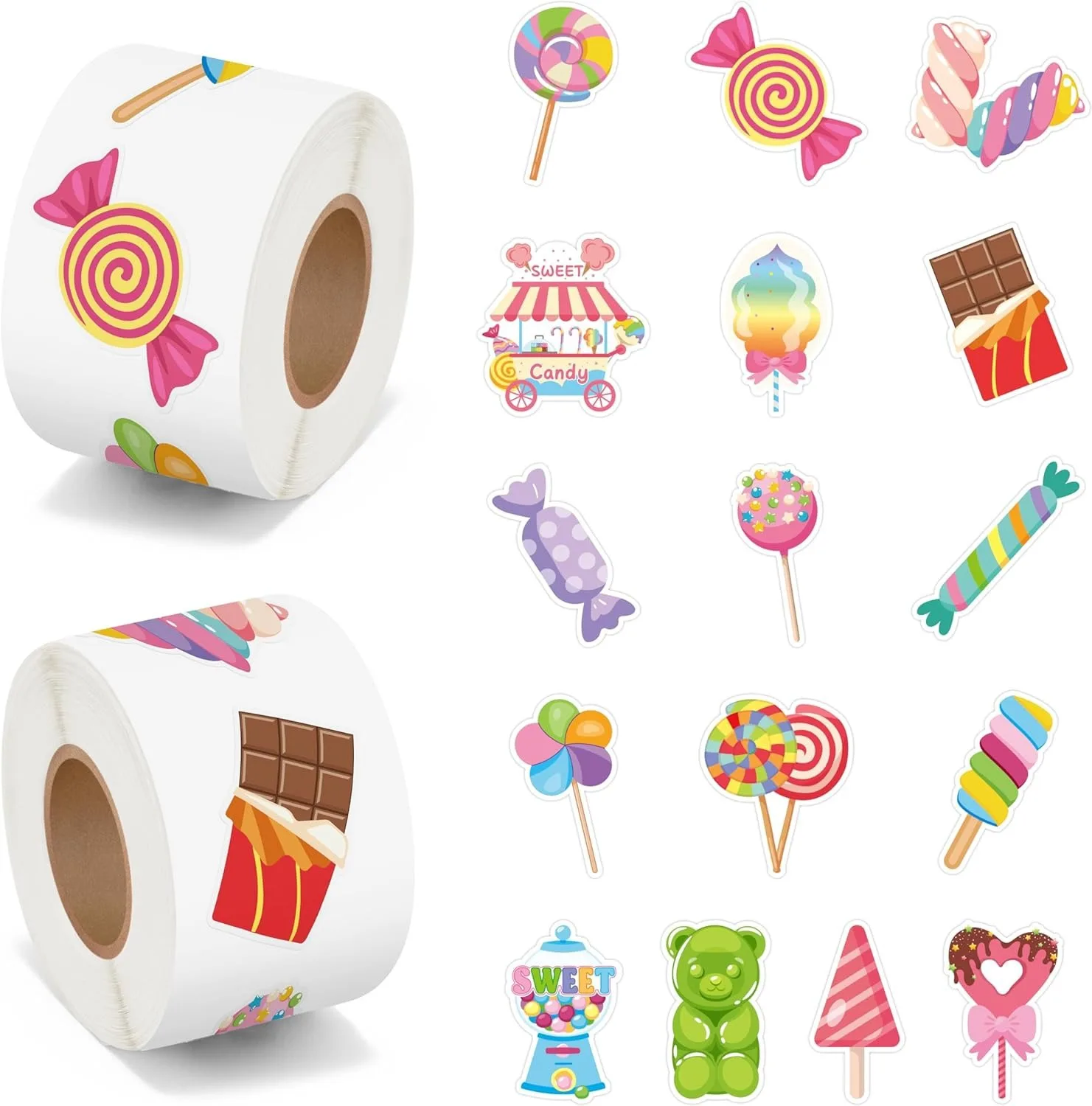 500Pcs Candy Party Sticker Roll -Cute Dessert Decal for Gift Laptop Bottle Scrapbooking Luggage Computer Envelope Decor for Kids