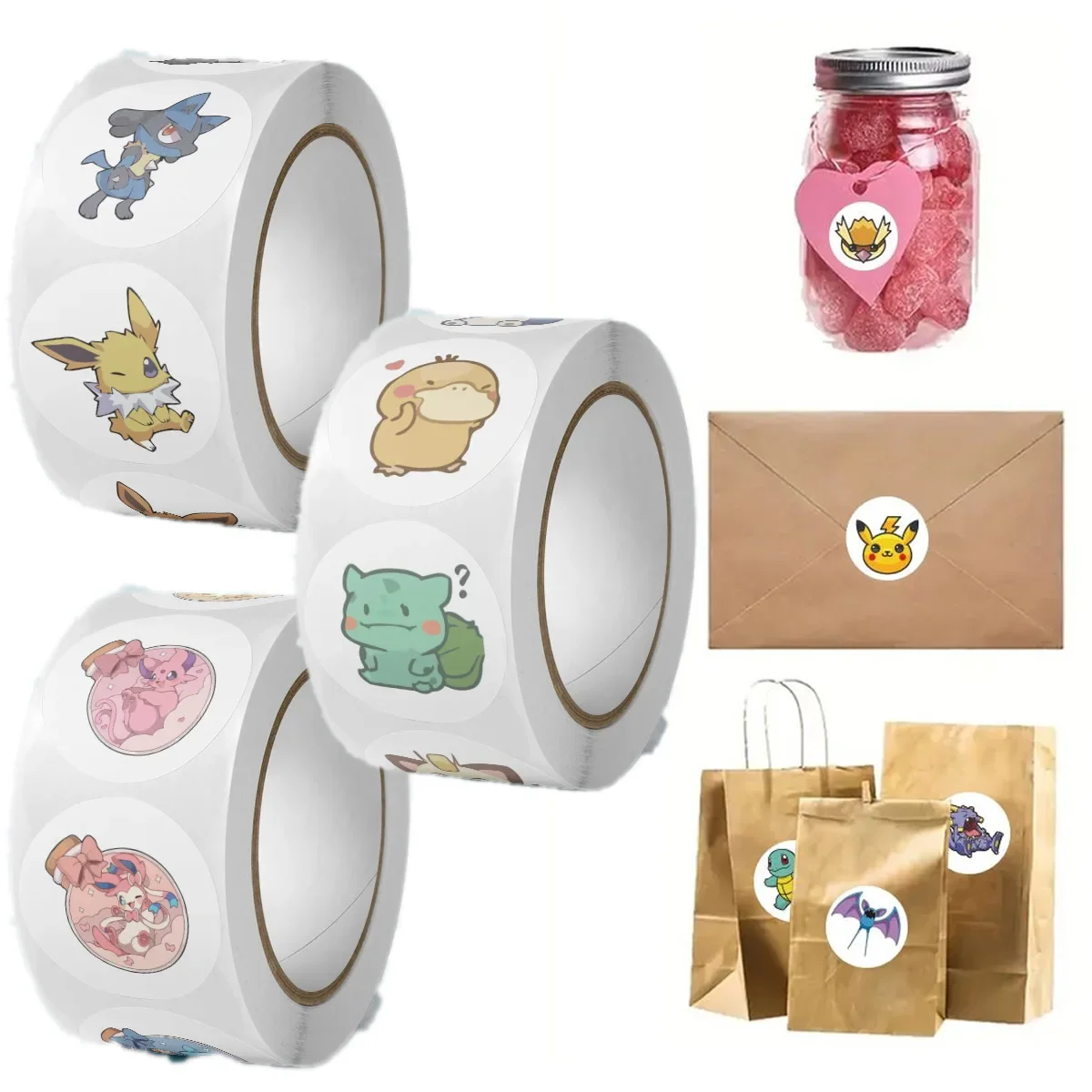 500pcs/Roll Cartoon Stickers Kawaii Anime Eevee DIY Pvc Laptop Decals Decoration Stiker Children Reward Toy Girl Gift