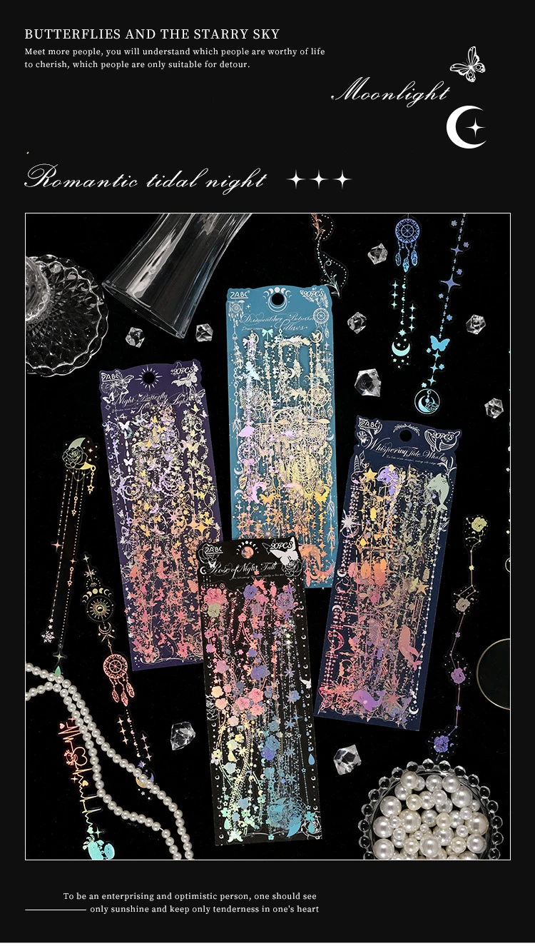 JIANWU Moonlight Tadal Night Series Vintage Star Flower Chain Landscape Material Collage PET Sticker Creative Journal Stationery