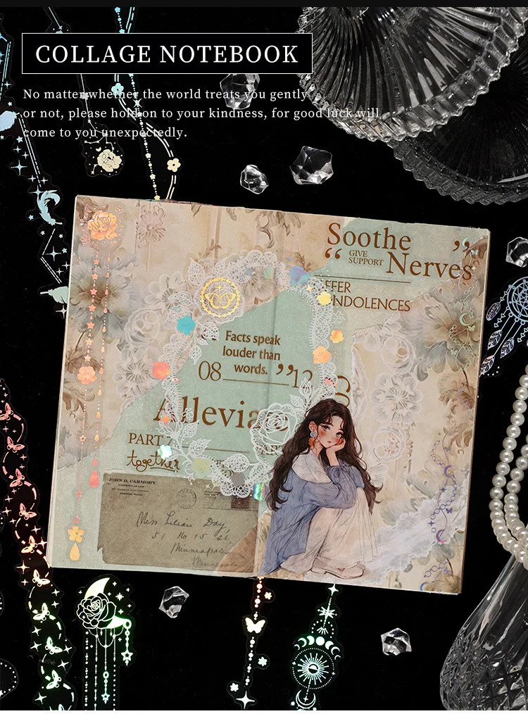 JIANWU Moonlight Tadal Night Series Vintage Star Flower Chain Landscape Material Collage PET Sticker Creative Journal Stationery