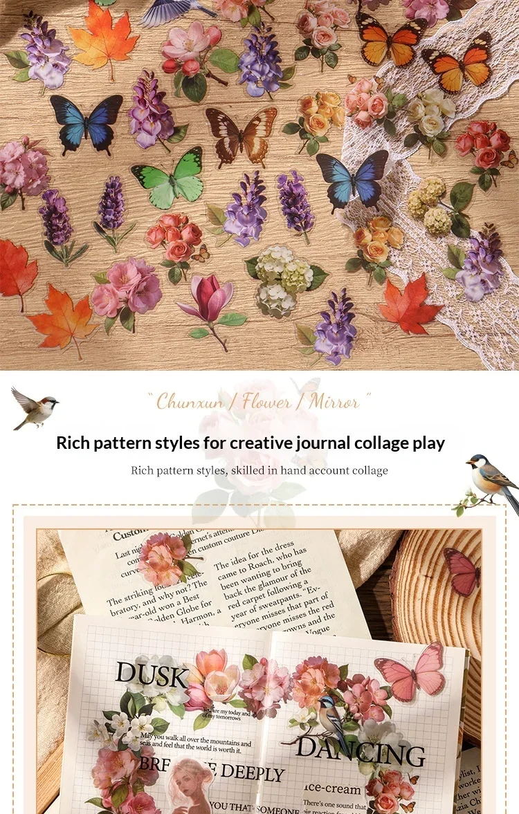 JIANWU Vintage Butterfly Flower Birds Maple Leaf Landscape Material Collage Scrapbooking PET Sticker Creative Journal Stationery