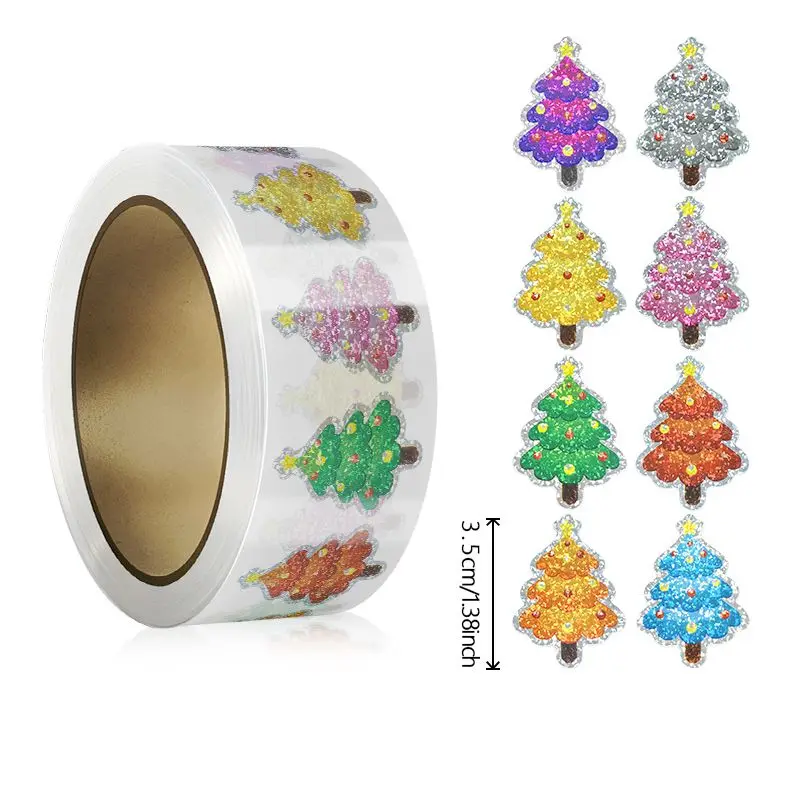 500Pcs Christmas Tree Stickers Roll Laser Green Pine Tree Seal Stickers Xmas Waterproof Self-Adhesive Decals for Envelope