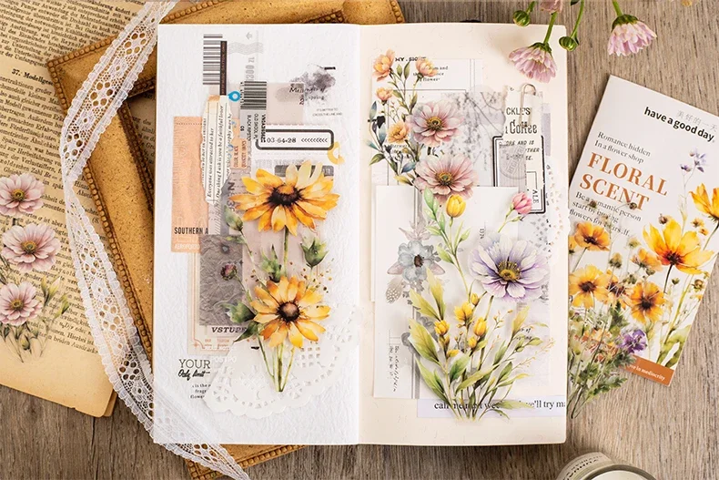 JIANWU 20 Sheets Floral Scent Series Vintage Flower Landscaping Material Collage PET Sticker Creative DIY Journal Stationery