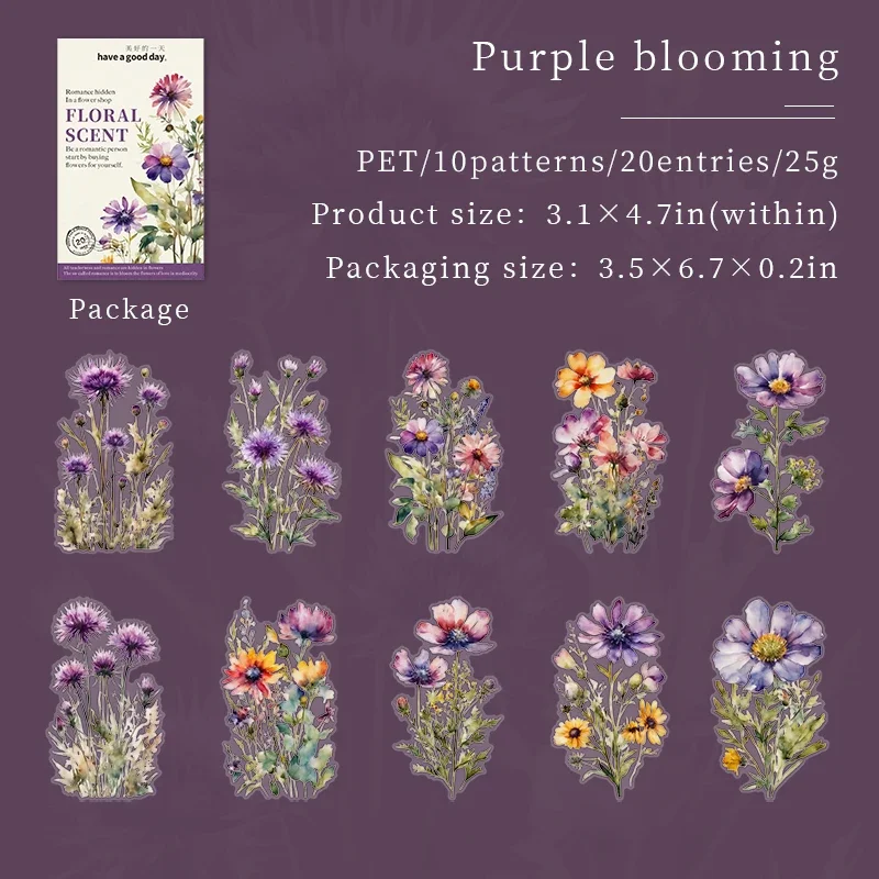 JIANWU 20 Sheets Floral Scent Series Vintage Flower Landscaping Material Collage PET Sticker Creative DIY Journal Stationery