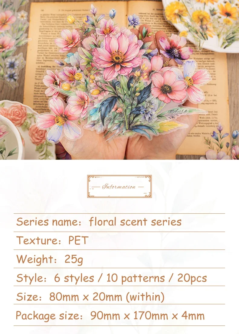JIANWU 20 Sheets Floral Scent Series Vintage Flower Landscaping Material Collage PET Sticker Creative DIY Journal Stationery