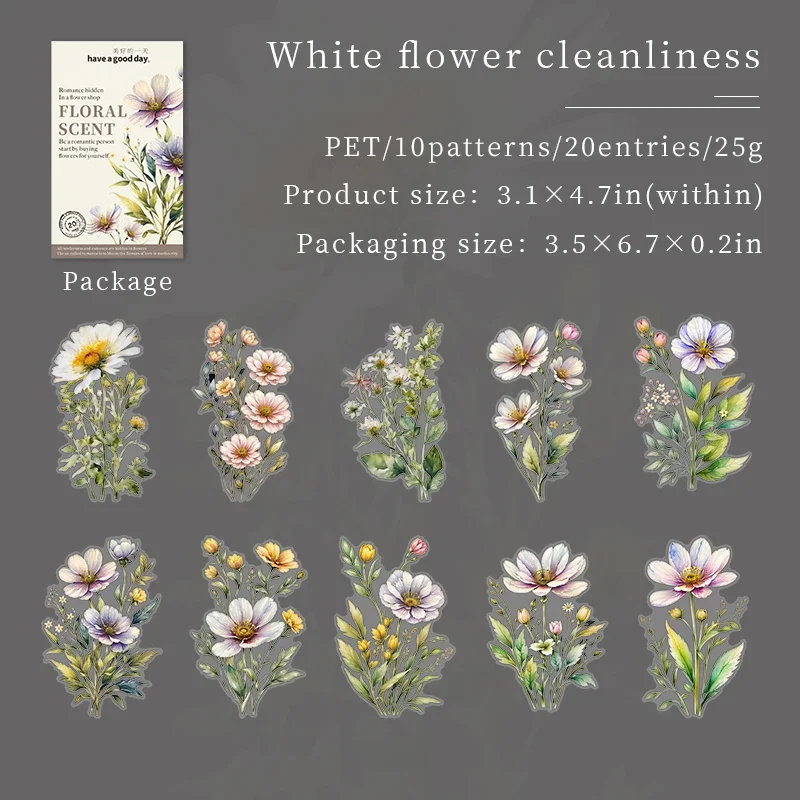 JIANWU 20 Sheets Floral Scent Series Vintage Flower Landscaping Material Collage PET Sticker Creative DIY Journal Stationery
