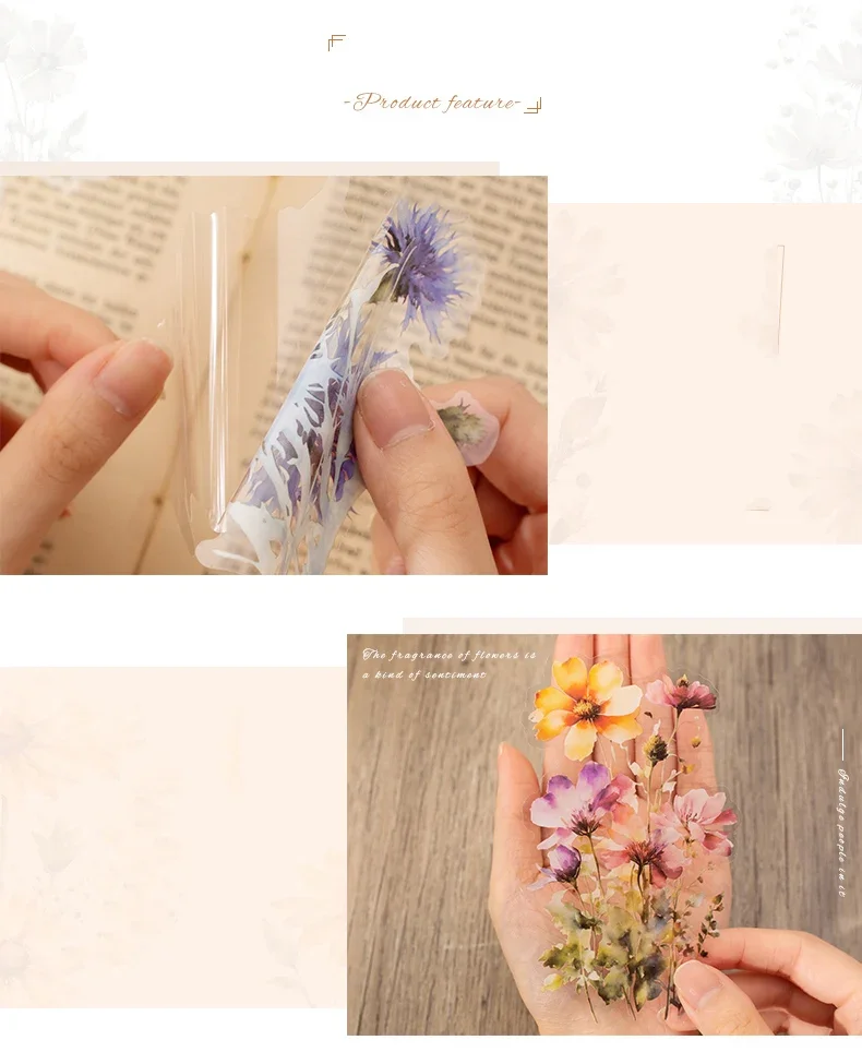 JIANWU 20 Sheets Floral Scent Series Vintage Flower Landscaping Material Collage PET Sticker Creative DIY Journal Stationery