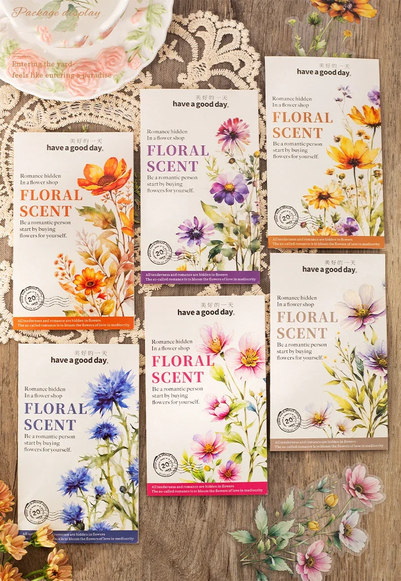JIANWU 20 Sheets Floral Scent Series Vintage Flower Landscaping Material Collage PET Sticker Creative DIY Journal Stationery