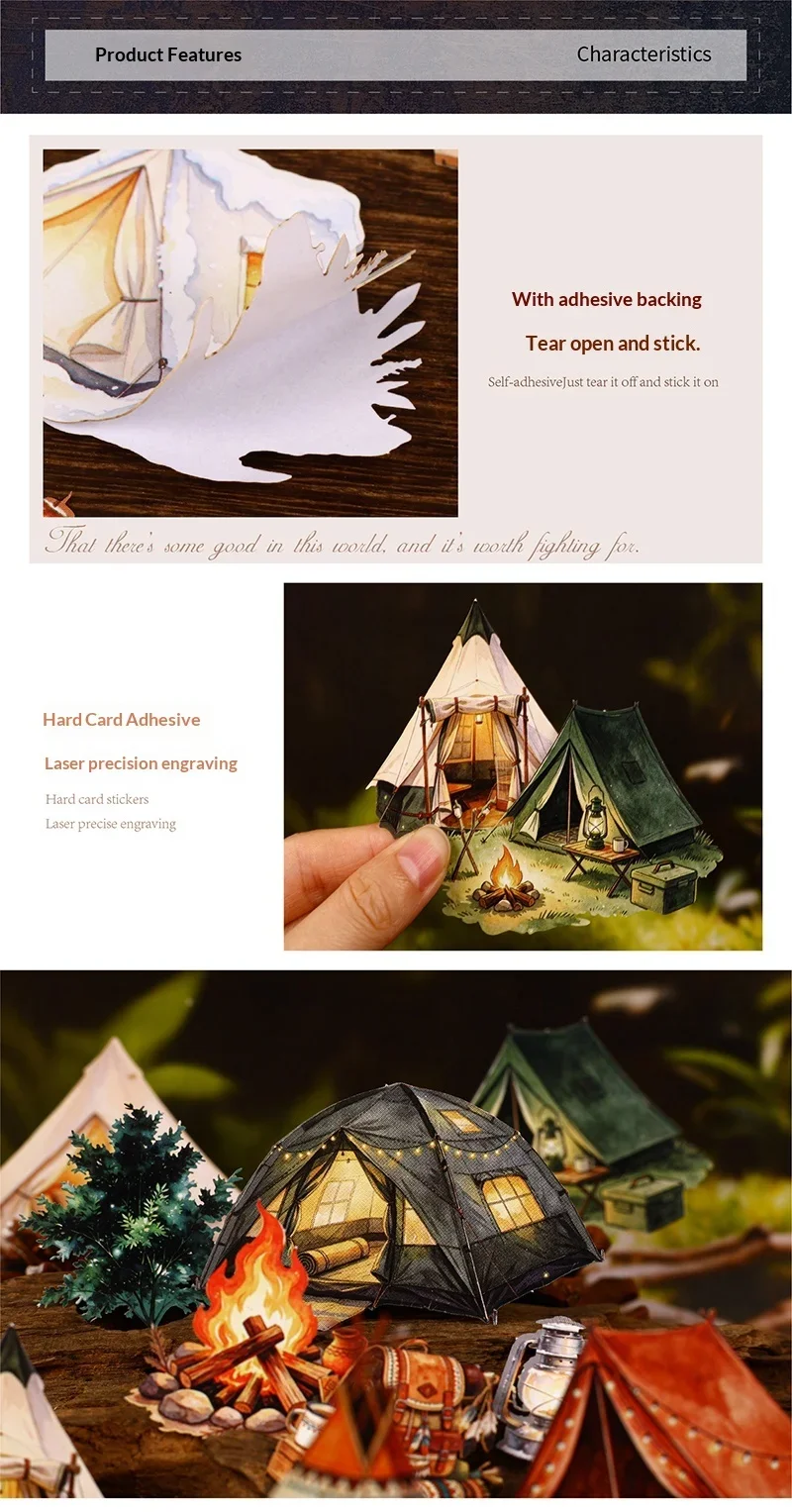 JIANWU Vintage Camping Tent Landscape Material Collage Scrapbooking Sticker Creative DIY Journal Stationery
