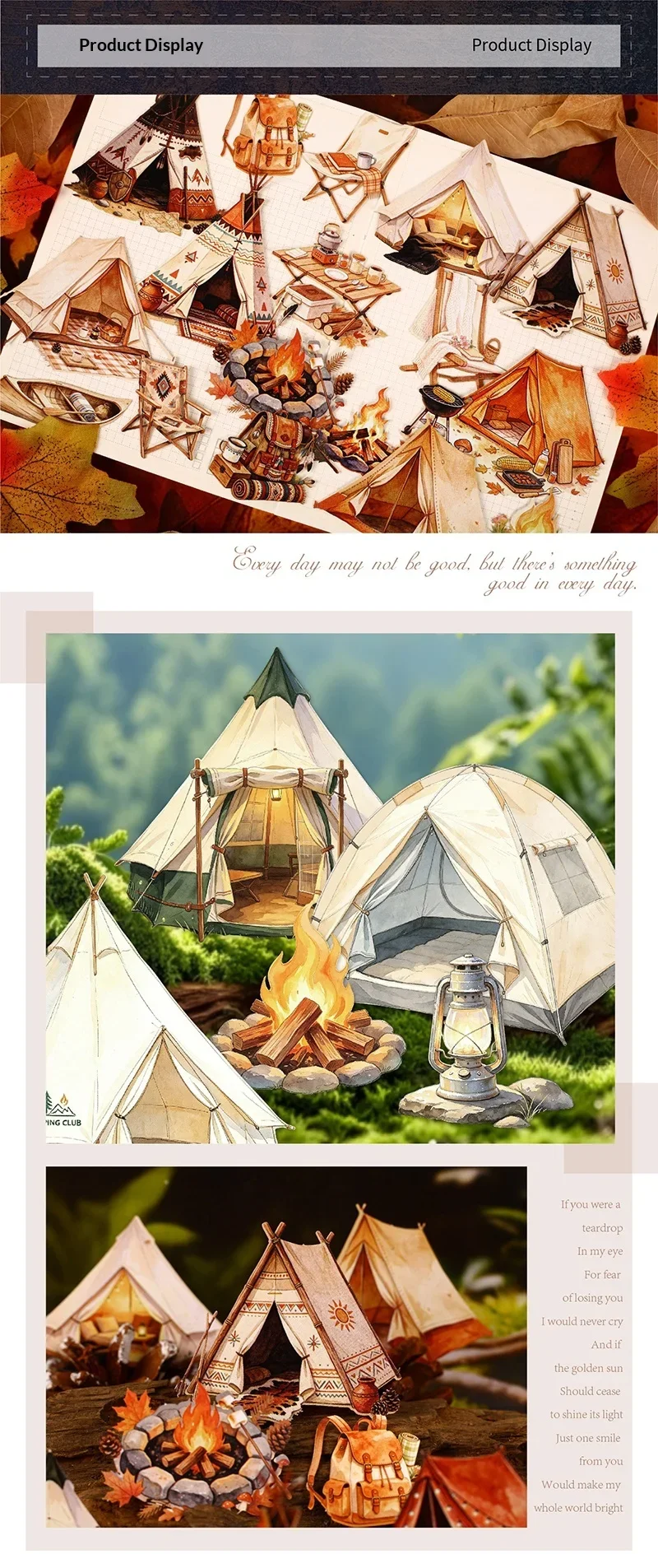 JIANWU Vintage Camping Tent Landscape Material Collage Scrapbooking Sticker Creative DIY Journal Stationery