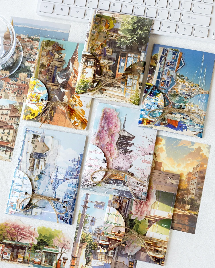32pcs Japanese landscape PET+paper die-cutting stickers DIY collage stickers cutting materials handmade diary album