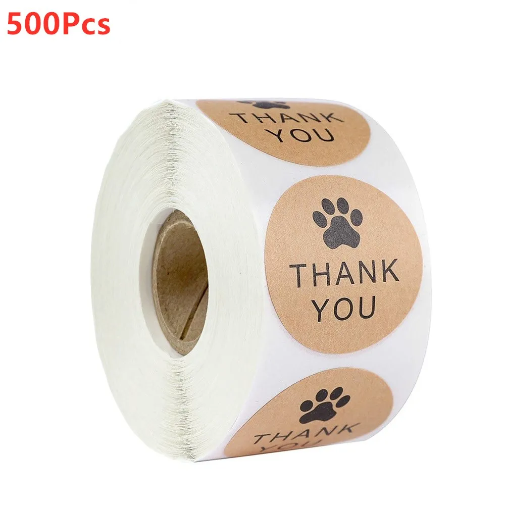 Natural Kraft Paper Thank You Stickers Seal Labes Dog Paw Print 1Inch Gift Packaging Stationery Sticker 500 Labels Per Roll