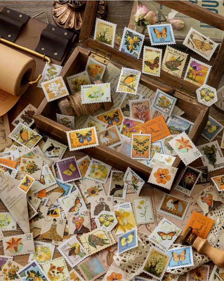 JIANWU Stamp Collector Series Vintage Plant Flower Stamp Landscape Material Collage Sticker Creative DIY Journal Stationery