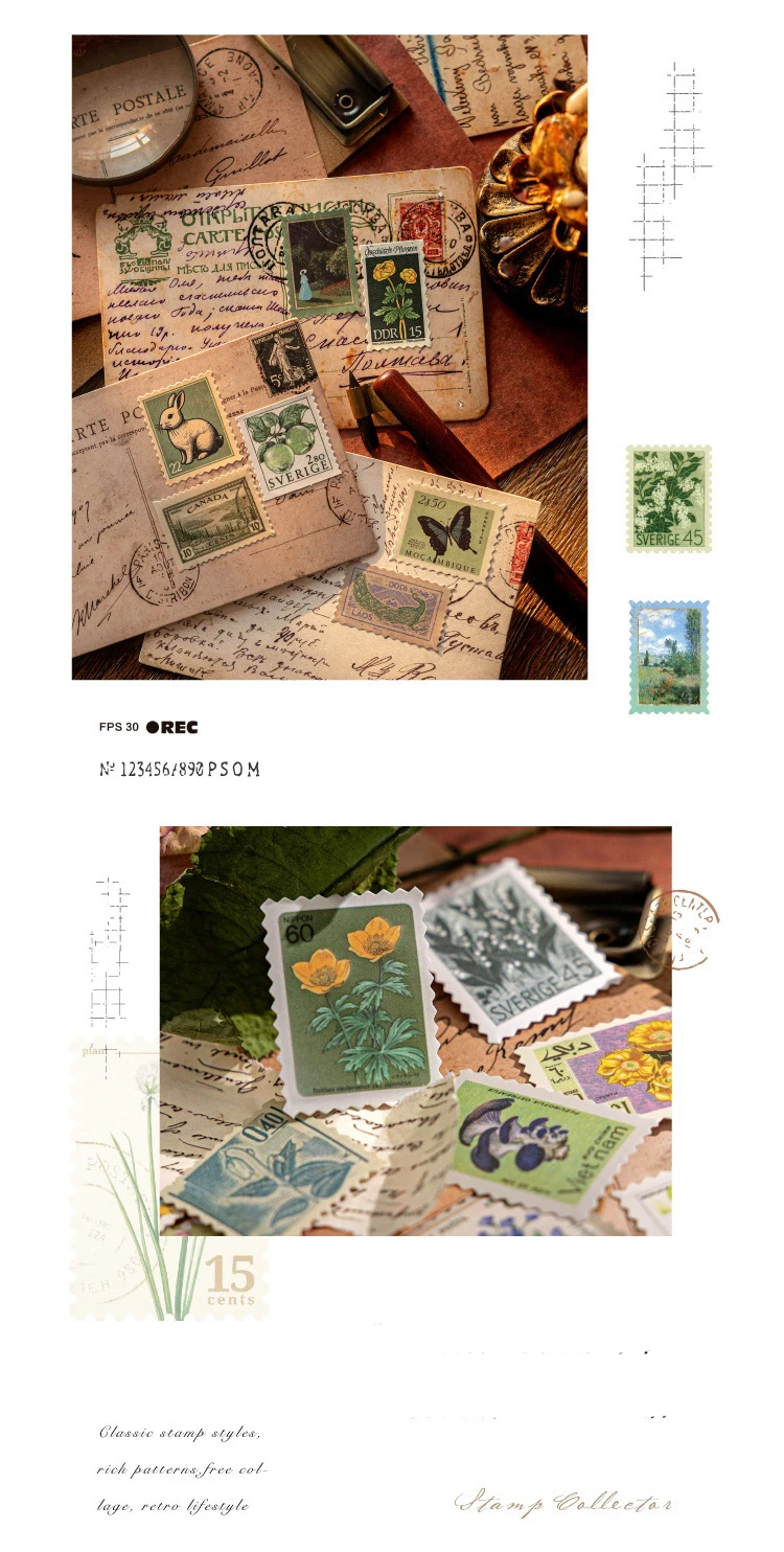 JIANWU Stamp Collector Series Vintage Plant Flower Stamp Landscape Material Collage Sticker Creative DIY Journal Stationery
