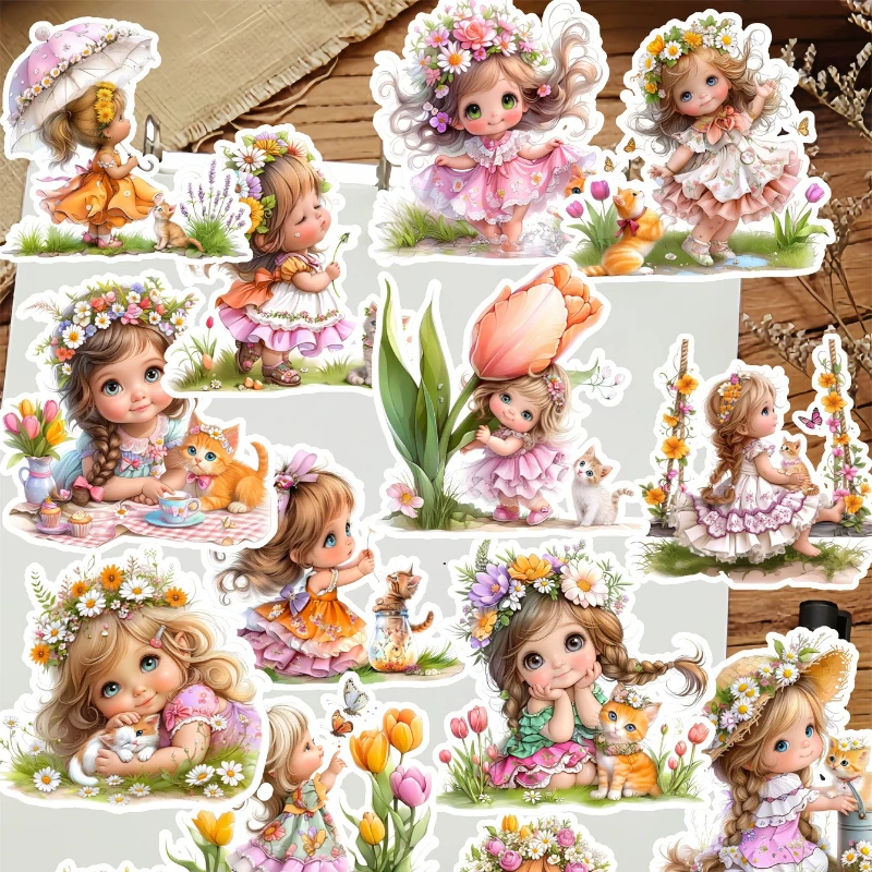 1 Set Sweet Cute Little Girl Flower Kitten Stickers Hand Account Cute Diy Album Stationery Planner Journaling Scrapbooking