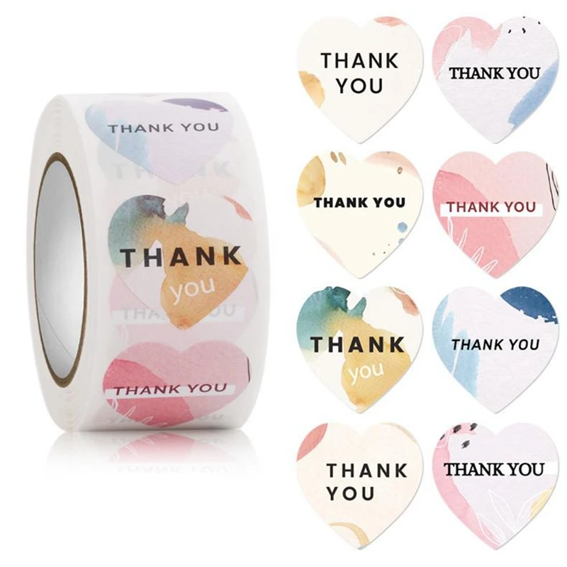 100-500pcs Heart Thank You Stickers Flowers Decorative Sealing Stickers for Wedding Gift Packaging Small Business Supplies 1inch