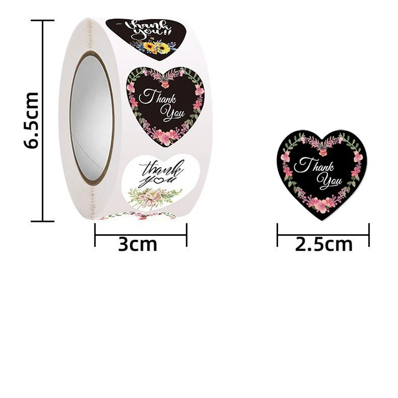 100-500pcs Heart Thank You Stickers Flowers Decorative Sealing Stickers for Wedding Gift Packaging Small Business Supplies 1inch