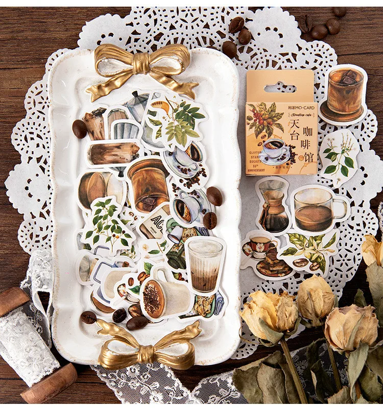 46pcs Kawaii Stationery Stickers Set Vintage Coffee Plant Diary Scrapbooking Decorative DIY School Supplies Cute Theme