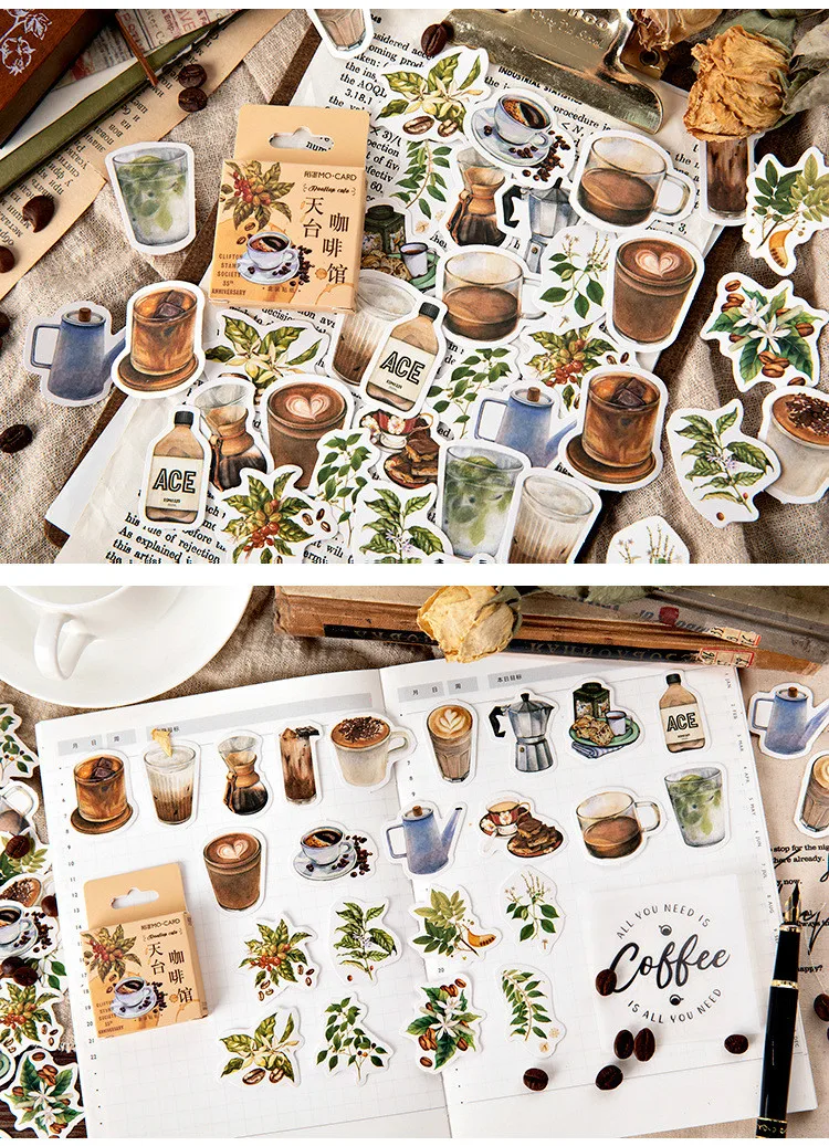 46pcs Kawaii Stationery Stickers Set Vintage Coffee Plant Diary Scrapbooking Decorative DIY School Supplies Cute Theme