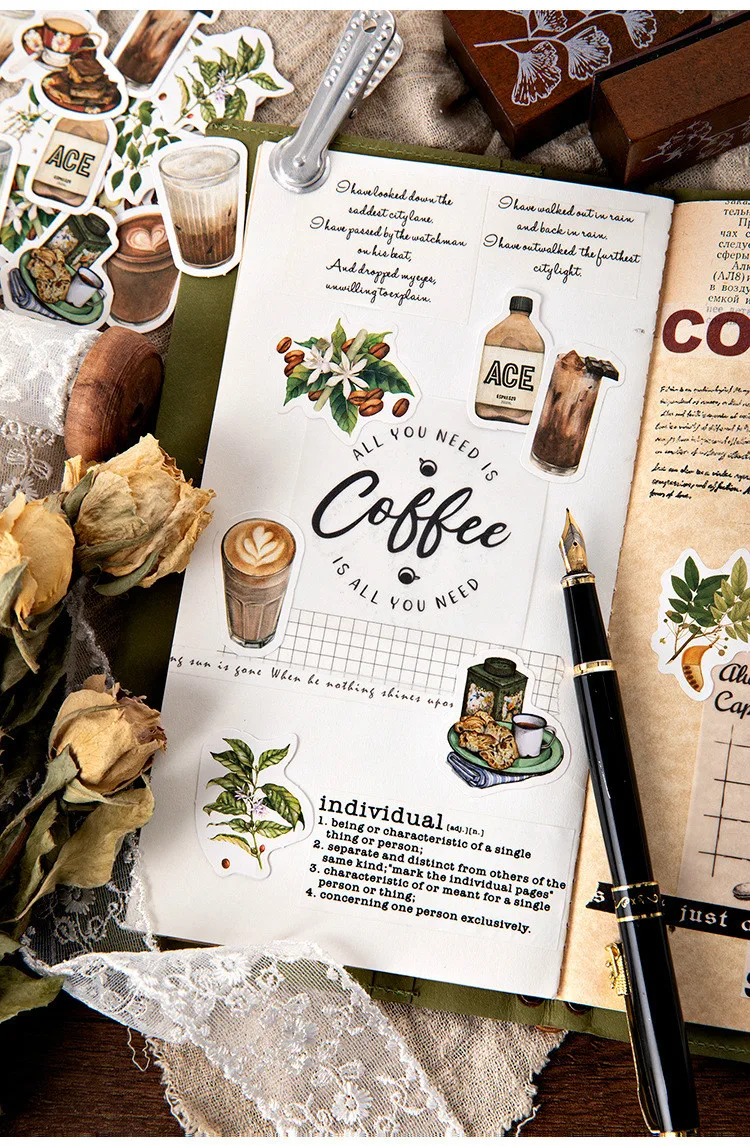 46pcs Kawaii Stationery Stickers Set Vintage Coffee Plant Diary Scrapbooking Decorative DIY School Supplies Cute Theme