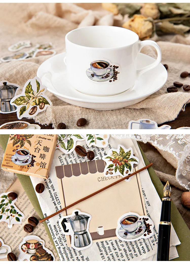 46pcs Kawaii Stationery Stickers Set Vintage Coffee Plant Diary Scrapbooking Decorative DIY School Supplies Cute Theme