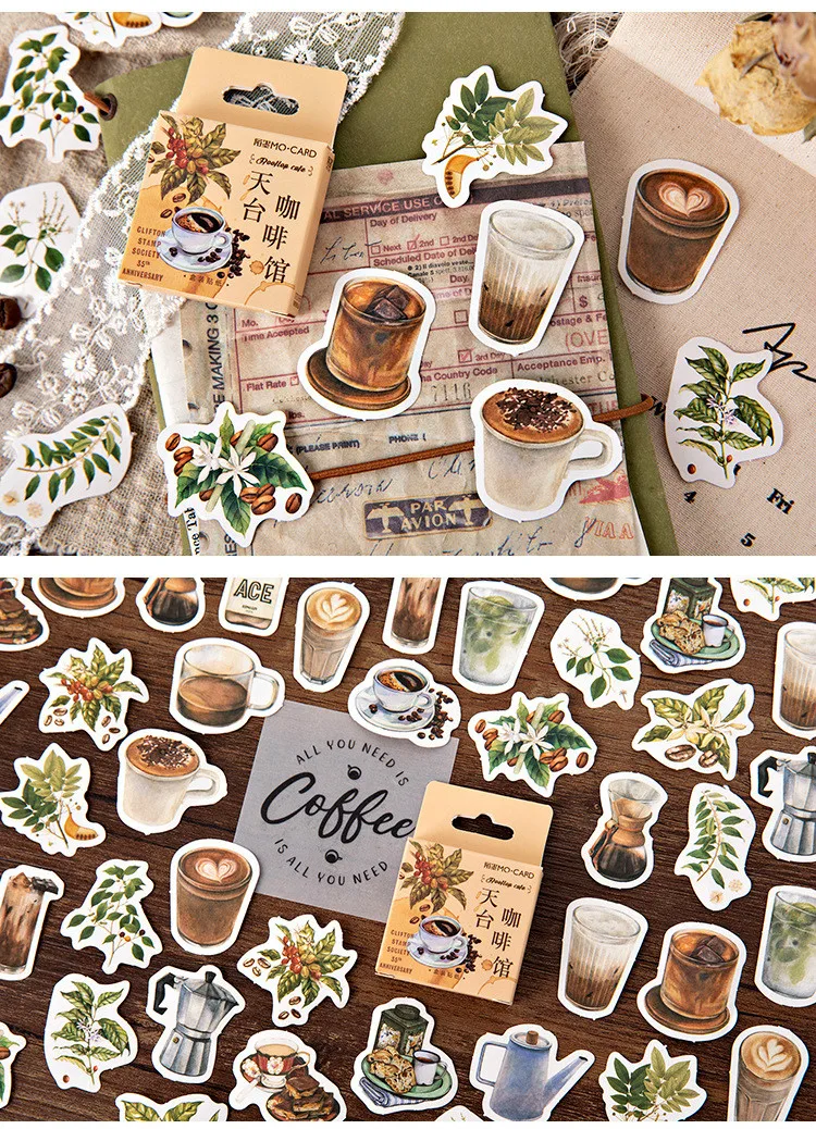 46pcs Kawaii Stationery Stickers Set Vintage Coffee Plant Diary Scrapbooking Decorative DIY School Supplies Cute Theme
