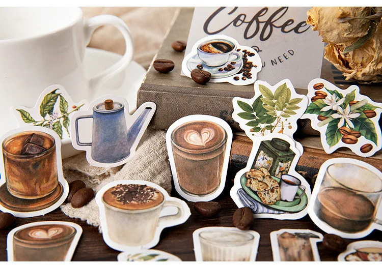 46pcs Kawaii Stationery Stickers Set Vintage Coffee Plant Diary Scrapbooking Decorative DIY School Supplies Cute Theme