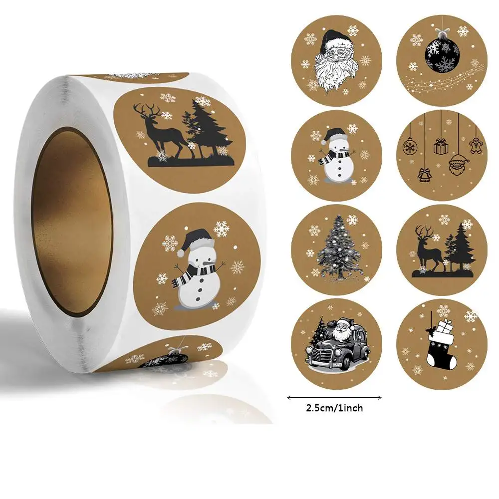 500pcs/ROLL Kraft Paper Christmas Stickers New Year Thank You Stickers Christmas Decoration for Card Gift Box Package 1inch