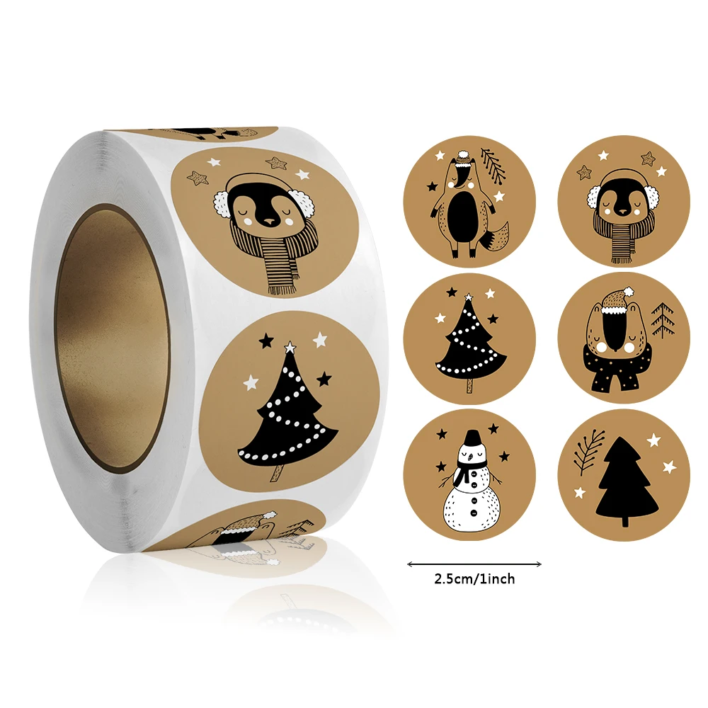 500pcs/ROLL Kraft Paper Christmas Stickers New Year Thank You Stickers Christmas Decoration for Card Gift Box Package 1inch