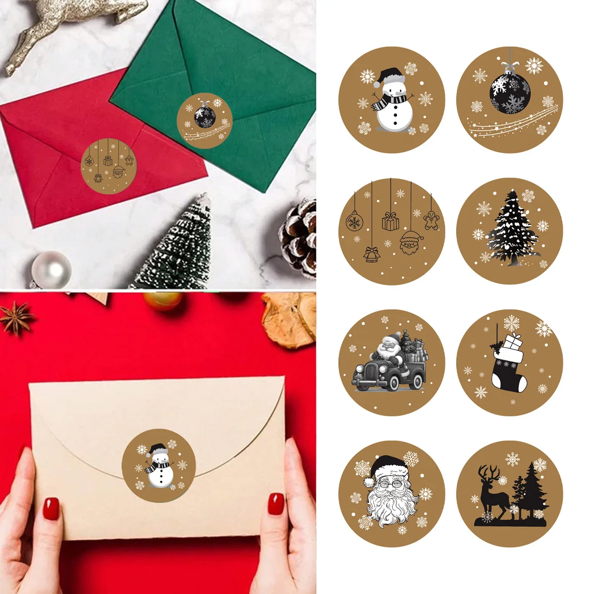 500pcs/ROLL Kraft Paper Christmas Stickers New Year Thank You Stickers Christmas Decoration for Card Gift Box Package 1inch