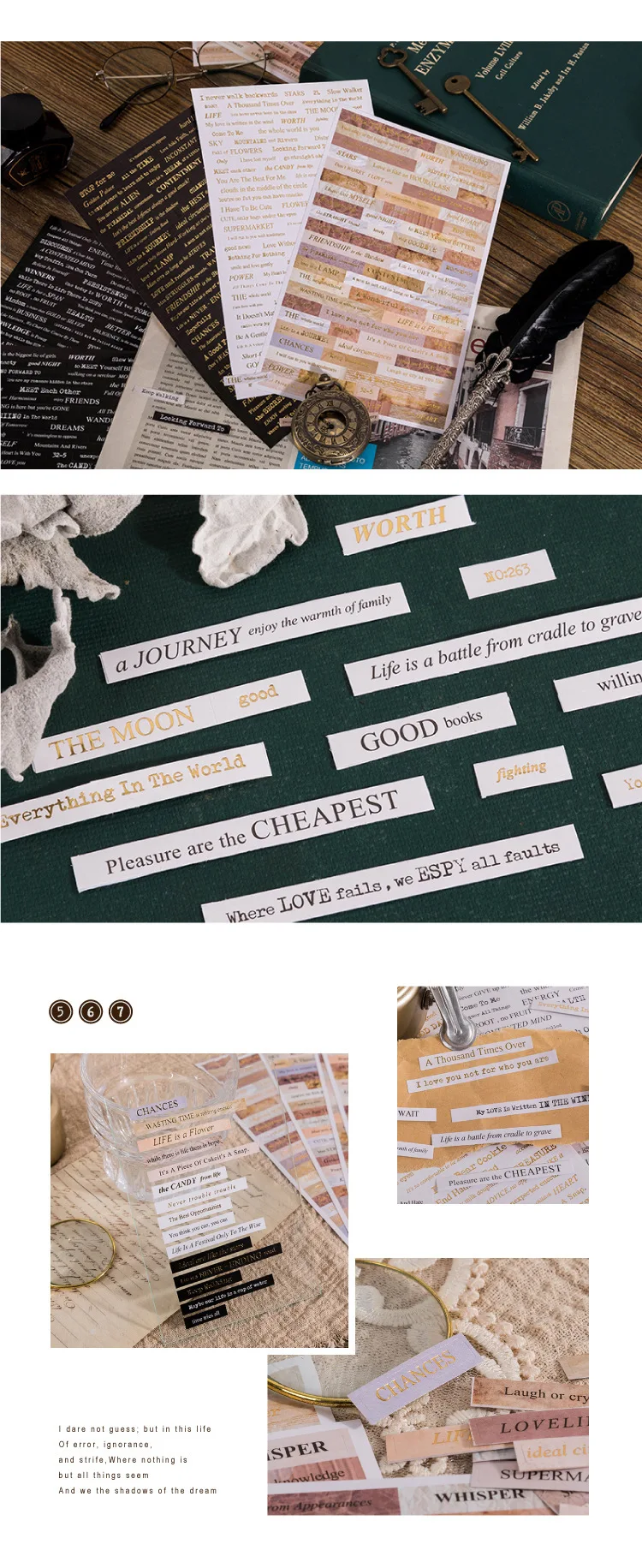 4 Sheets Vintage English Poetry Series Sticker Pack Past Memories Decorative Scrapbooking Material Label Diary Journal Planner