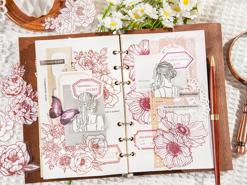 40pcs/lot Kawaii Scrapbook Stickers Vintage Bloom period Junk Journal Gold Planner Stationery Sticker Planner Decorative sticker