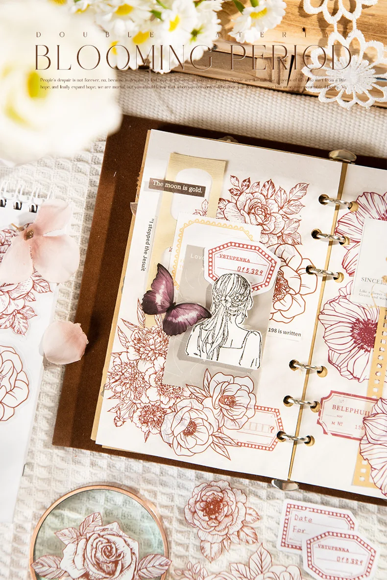 40pcs/lot Kawaii Scrapbook Stickers Vintage Bloom period Junk Journal Gold Planner Stationery Sticker Planner Decorative sticker