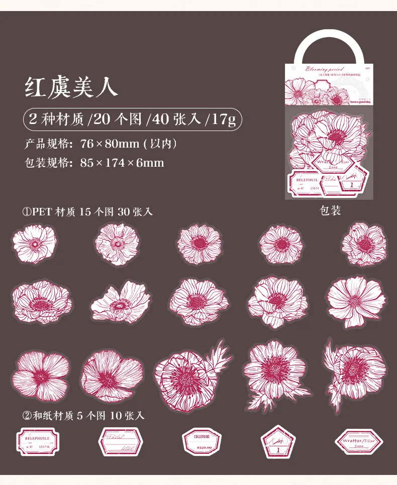 40pcs/lot Kawaii Scrapbook Stickers Vintage Bloom period Junk Journal Gold Planner Stationery Sticker Planner Decorative sticker